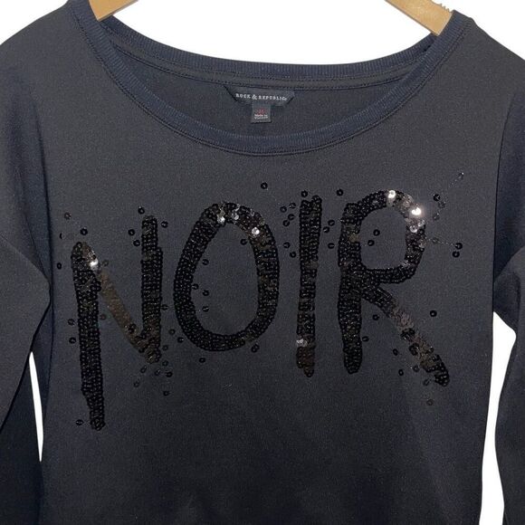 ROCK & REPUBLIC NOIR France BLACKTIE CROPPED SEQUIN SWEATSHIRT Black Medium - Picture 2 of 7